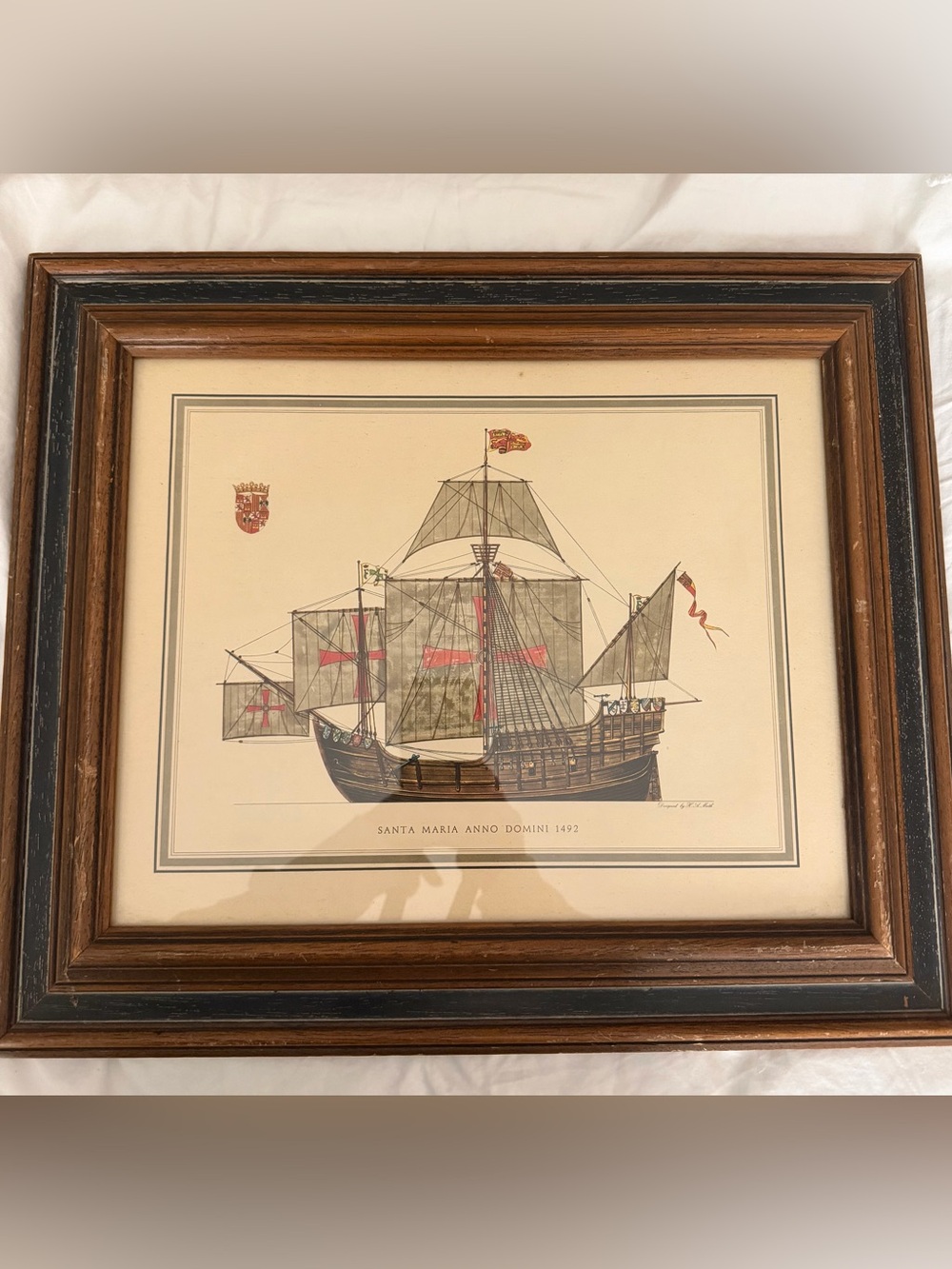 VTG Framed Santa Maria Ship Lithograph Art Franklin Picture Co